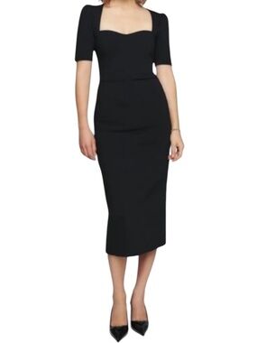 REFORMATION Clayten Knit Dress Sweetheart Fitted Ponte Vented Midi Black XS = 0
